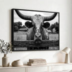 Black White Texas Longhorn Bull Canvas Wall Art, Western Ranch Cattle