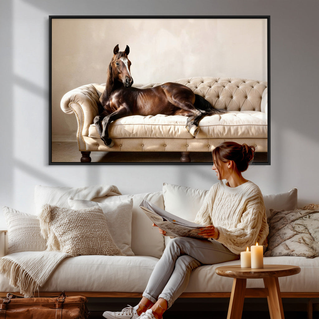 Funny Horse on Sofa Canvas Wall Art, Quirky Horse Lounging Photo