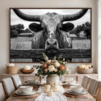 Black White Texas Longhorn Bull Canvas Wall Art, Western Ranch Cattle