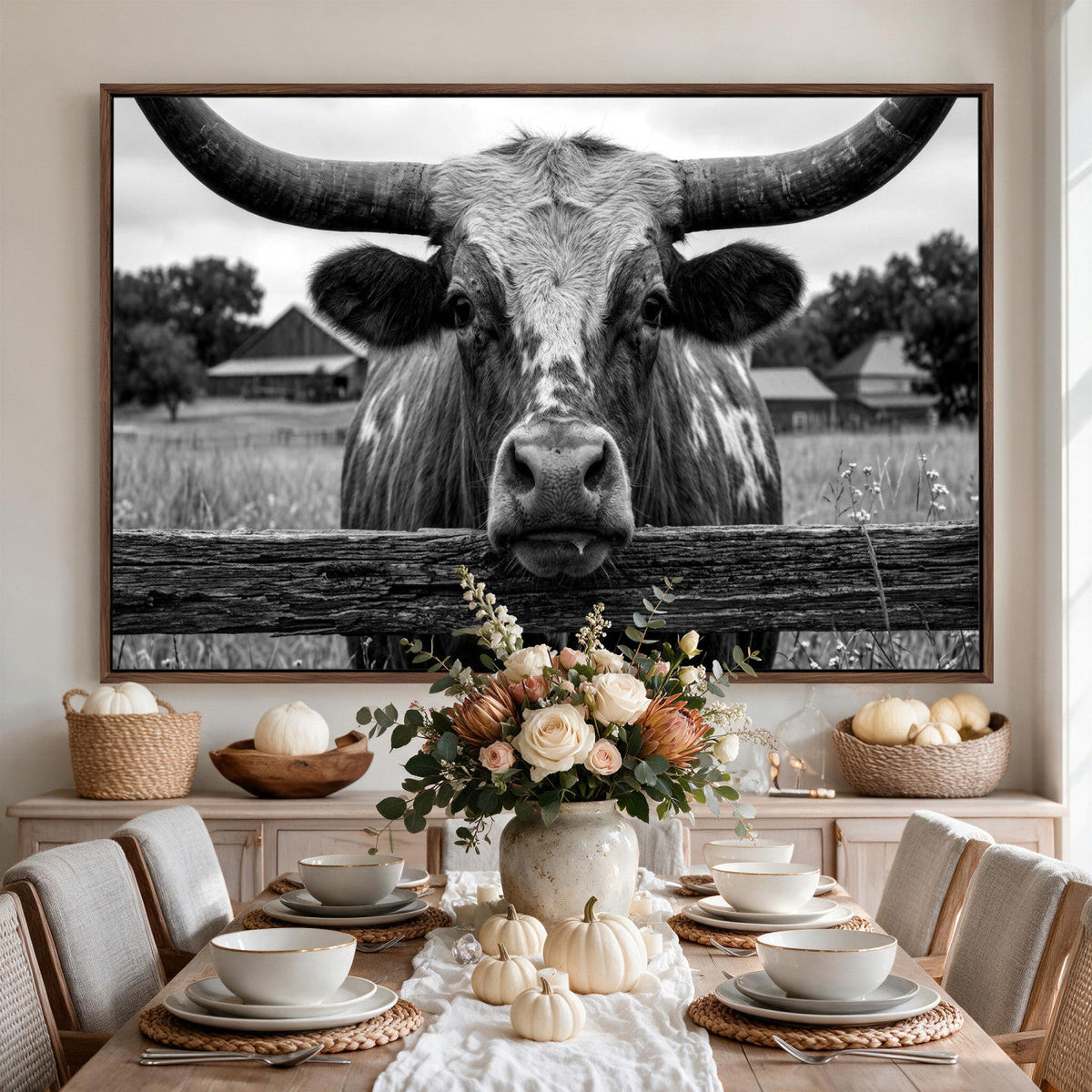 Black White Texas Longhorn Bull Canvas Wall Art, Western Ranch Cattle
