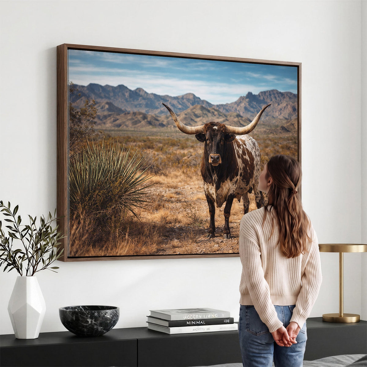Texas Longhorn Bull Wall Art Canvas Print, Western Farmhouse Decor