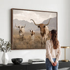 Rustic Texas Longhorn Cow Canvas Wall Art Print, Rustic Farm Animal