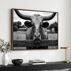 Black White Texas Longhorn Bull Canvas Wall Art, Western Ranch Cattle