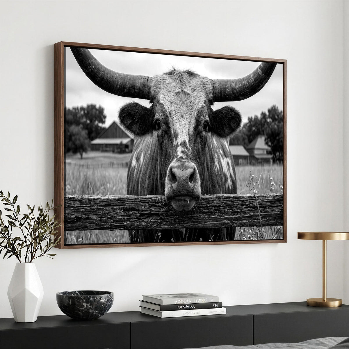 Black White Texas Longhorn Bull Canvas Wall Art, Western Ranch Cattle