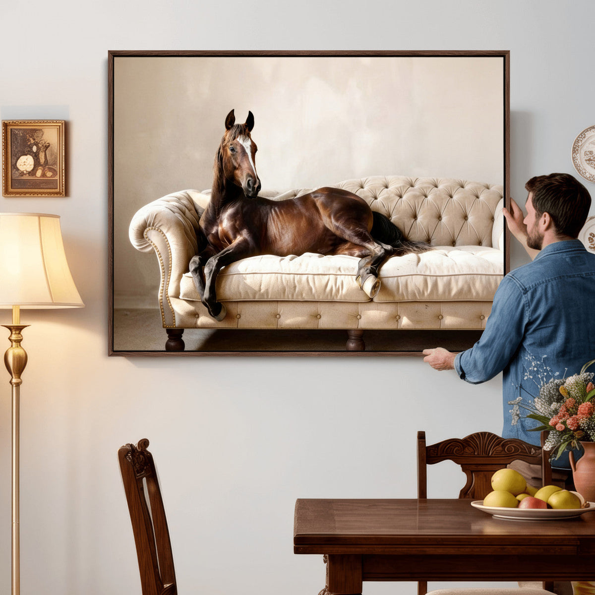 Funny Horse on Sofa Canvas Wall Art, Quirky Horse Lounging Photo