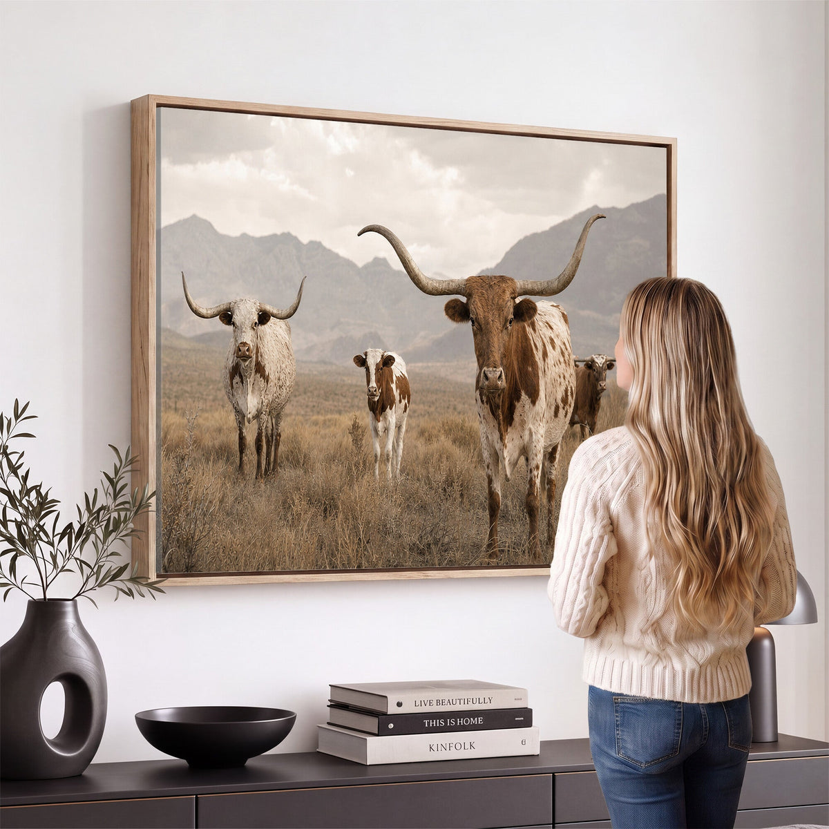 Rustic Texas Longhorn Cow Canvas Wall Art Print, Rustic Farm Animal