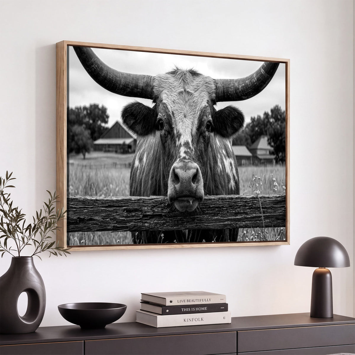 Black White Texas Longhorn Bull Canvas Wall Art, Western Ranch Cattle