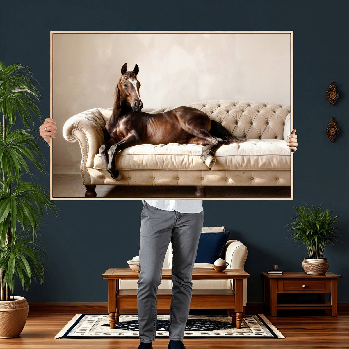 Funny Horse on Sofa Canvas Wall Art, Quirky Horse Lounging Photo