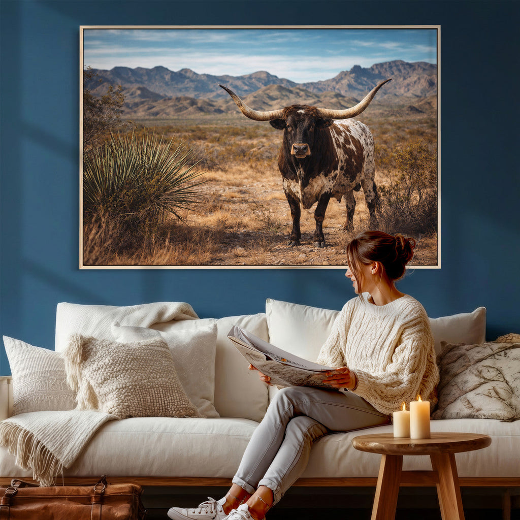 Texas Longhorn Bull Wall Art Canvas Print, Western Farmhouse Decor