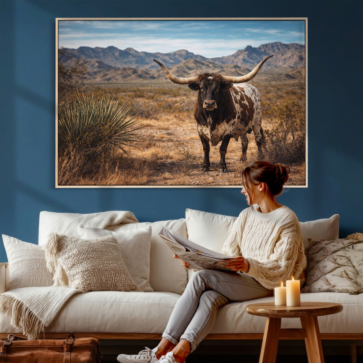 Texas Longhorn Bull Wall Art Canvas Print, Western Farmhouse Decor