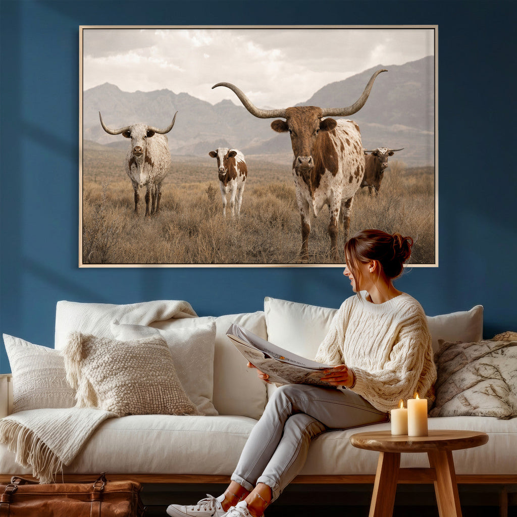 Rustic Texas Longhorn Cow Canvas Wall Art Print, Rustic Farm Animal