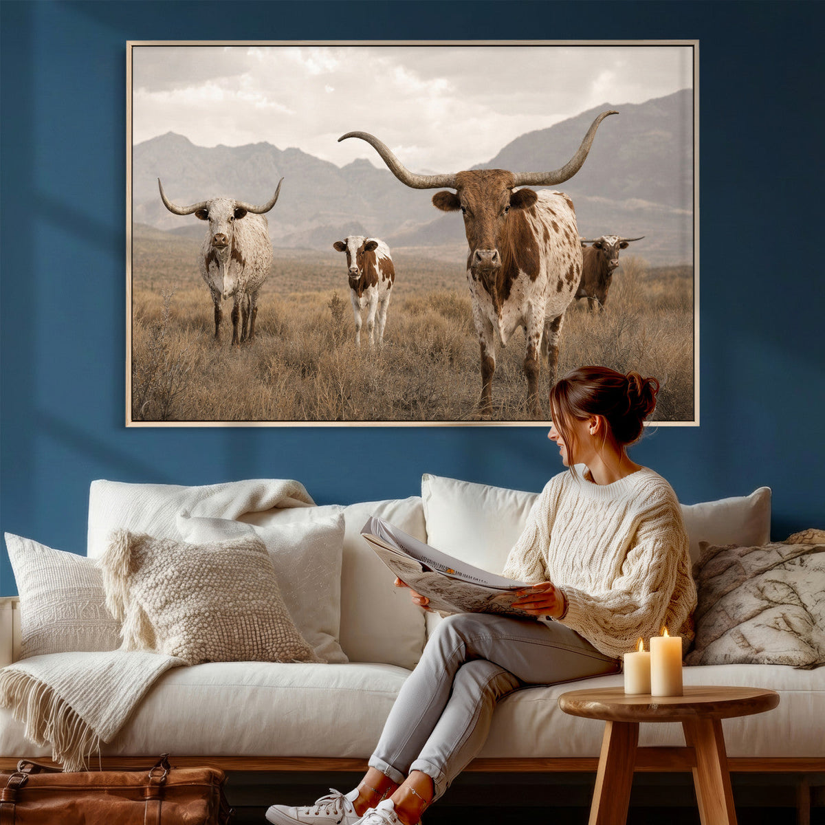 Rustic Texas Longhorn Cow Canvas Wall Art Print, Rustic Farm Animal