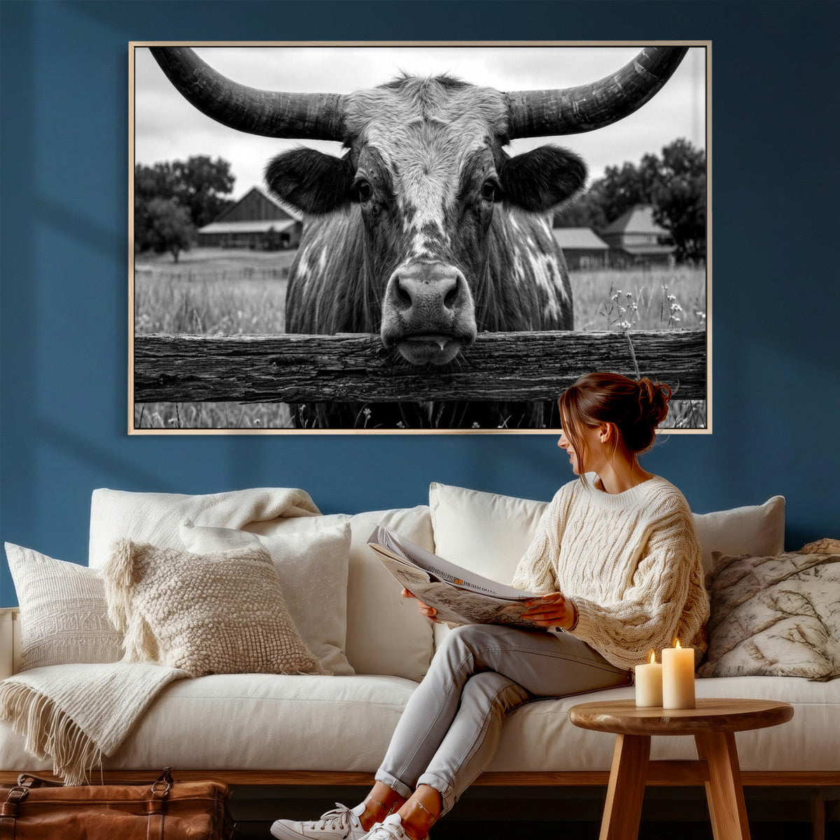 Black White Texas Longhorn Bull Canvas Wall Art, Western Ranch Cattle