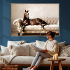 Funny Horse on Sofa Canvas Wall Art, Quirky Horse Lounging Photo