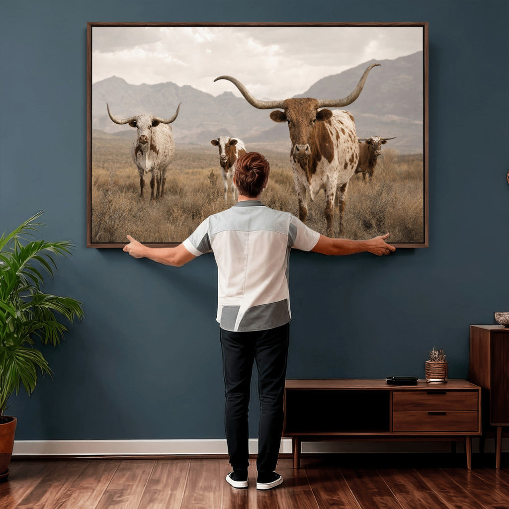 Rustic Texas Longhorn Cow Canvas Wall Art Print, Rustic Farm Animal