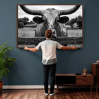 Black White Texas Longhorn Bull Canvas Wall Art, Western Ranch Cattle