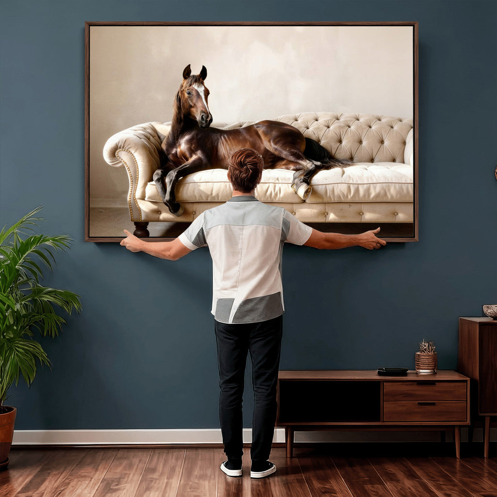 Funny Horse on Sofa Canvas Wall Art, Quirky Horse Lounging Photo