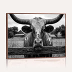 Black White Texas Longhorn Bull Canvas Wall Art, Western Ranch Cattle