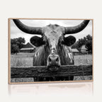 Black White Texas Longhorn Bull Canvas Wall Art, Western Ranch Cattle