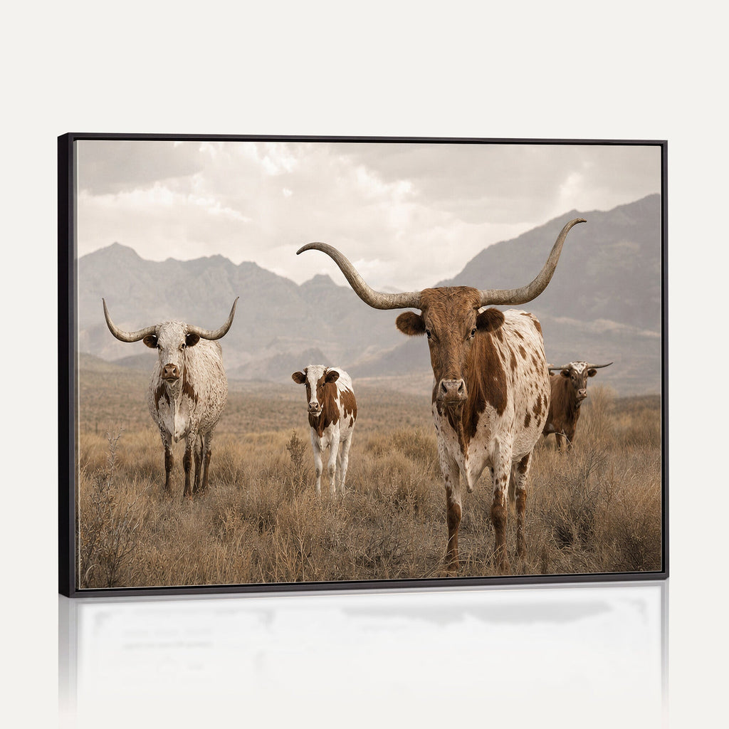 Rustic Texas Longhorn Cow Canvas Wall Art Print, Rustic Farm Animal