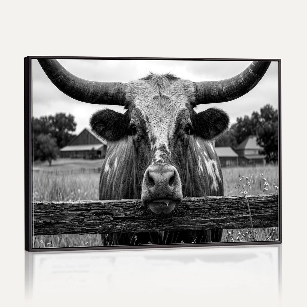 Black White Texas Longhorn Bull Canvas Wall Art, Western Ranch Cattle