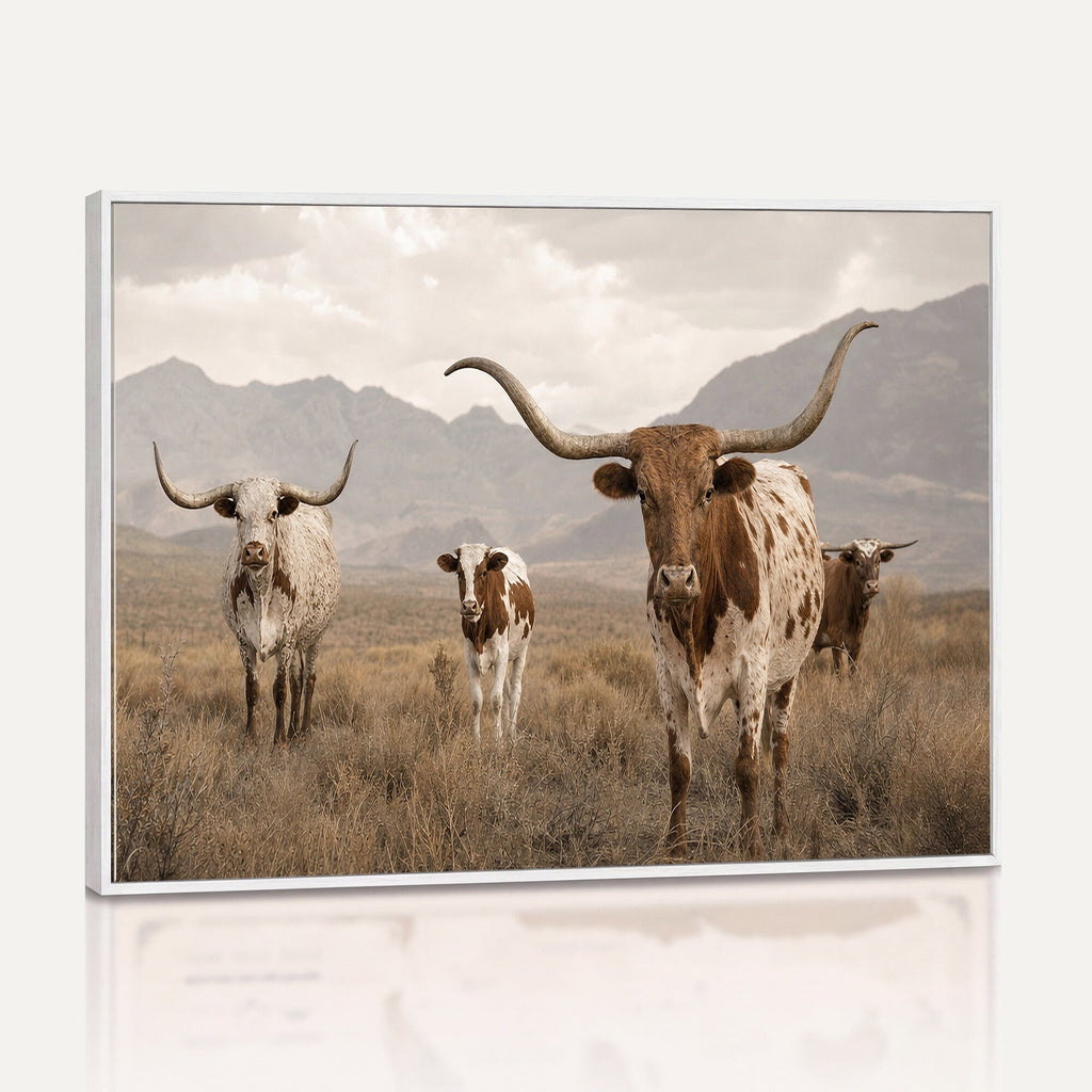 Rustic Texas Longhorn Cow Canvas Wall Art Print, Rustic Farm Animal