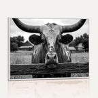 Black White Texas Longhorn Bull Canvas Wall Art, Western Ranch Cattle