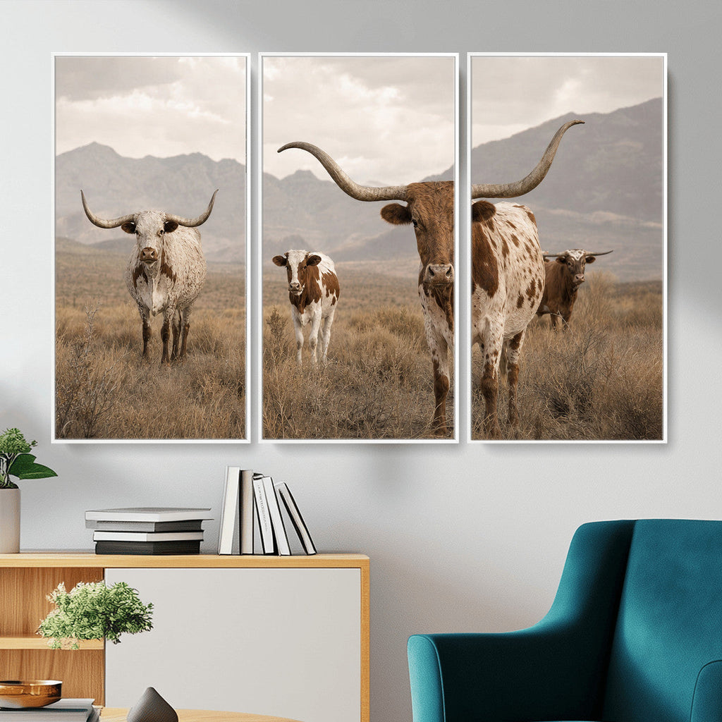 Rustic Texas Longhorn Cow Canvas Wall Art Print, Rustic Farm Animal