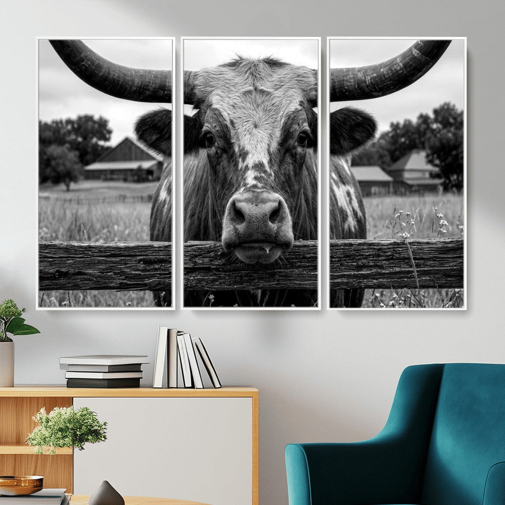 Black White Texas Longhorn Bull Canvas Wall Art, Western Ranch Cattle