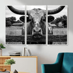 Black White Texas Longhorn Bull Canvas Wall Art, Western Ranch Cattle