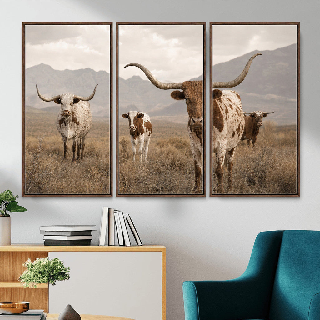 Rustic Texas Longhorn Cow Canvas Wall Art Print, Rustic Farm Animal