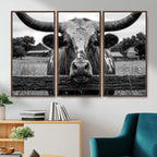 Black White Texas Longhorn Bull Canvas Wall Art, Western Ranch Cattle