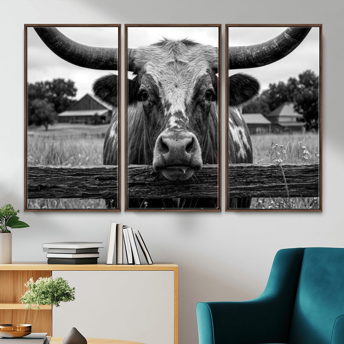Black White Texas Longhorn Bull Canvas Wall Art, Western Ranch Cattle