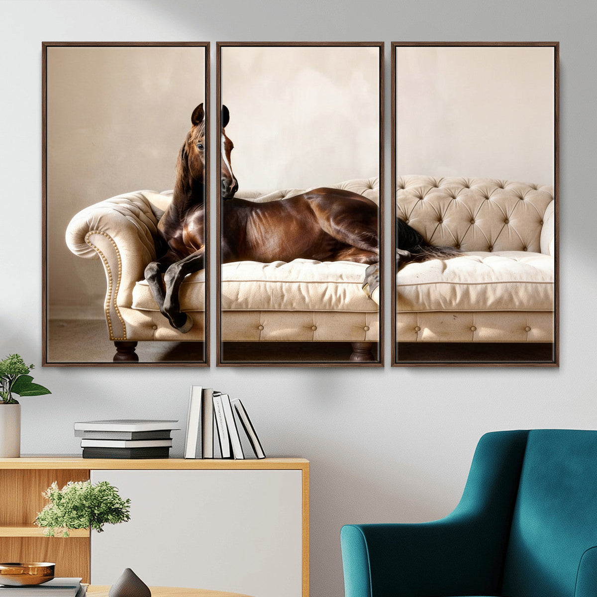 Funny Horse on Sofa Canvas Wall Art, Quirky Horse Lounging Photo