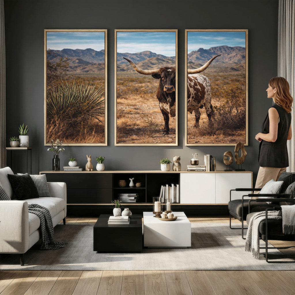 Texas Longhorn Bull Wall Art Canvas Print, Western Farmhouse Decor