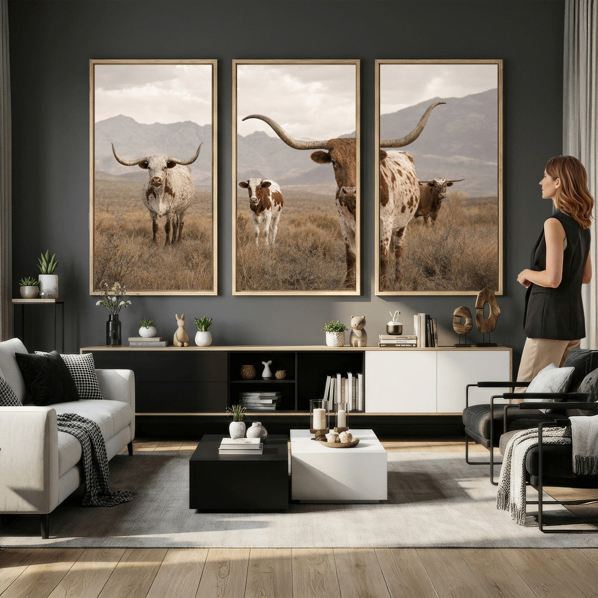 Rustic Texas Longhorn Cow Canvas Wall Art Print, Rustic Farm Animal