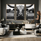 Black White Texas Longhorn Bull Canvas Wall Art, Western Ranch Cattle