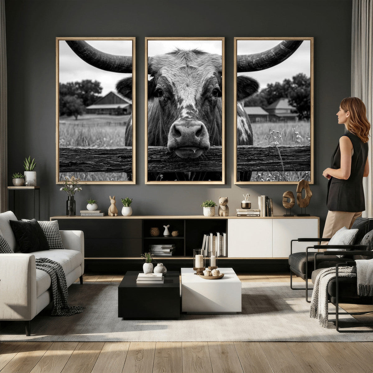 Black White Texas Longhorn Bull Canvas Wall Art, Western Ranch Cattle