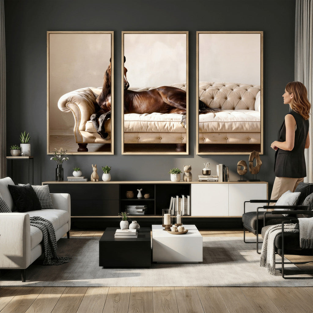 Funny Horse on Sofa Canvas Wall Art, Quirky Horse Lounging Photo