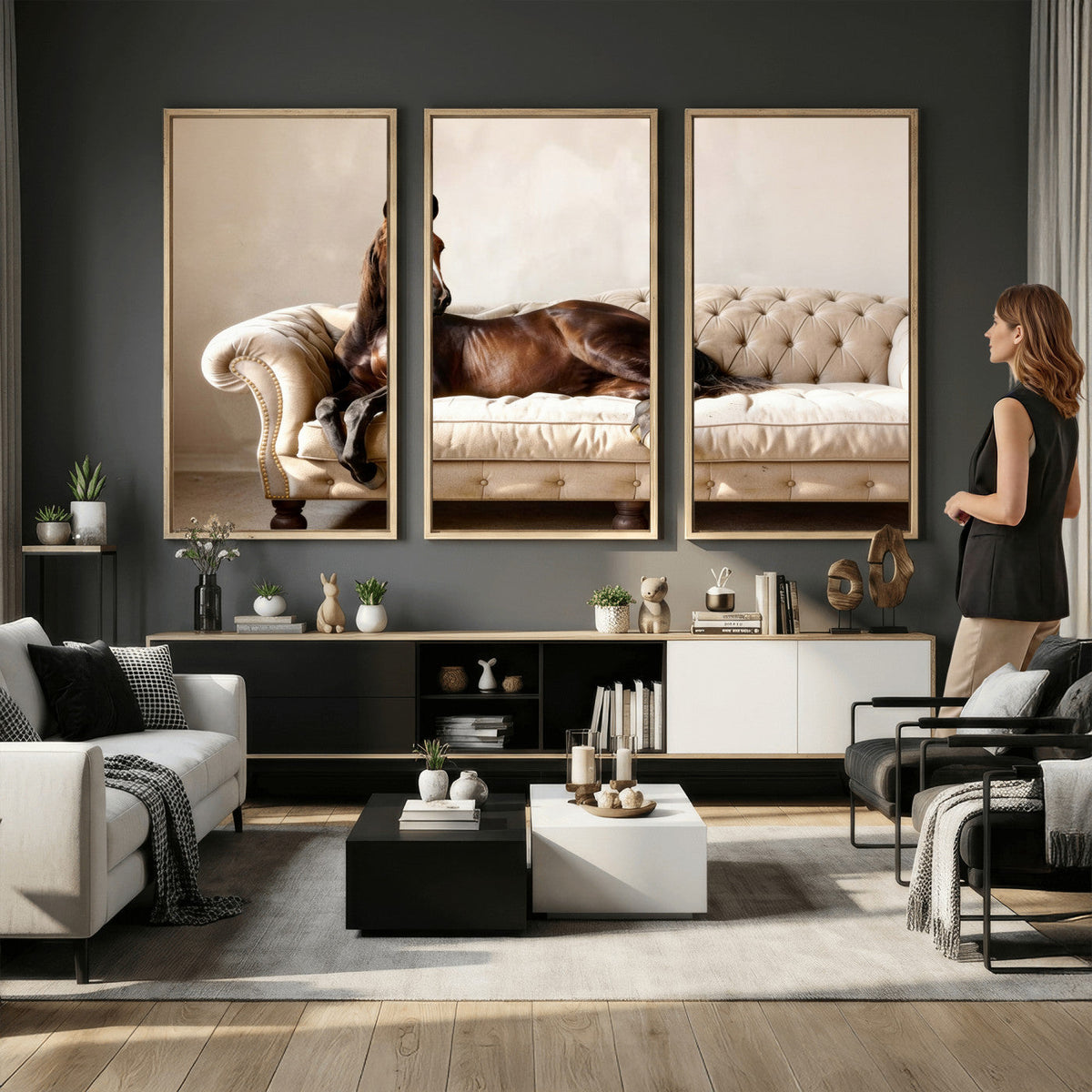 Funny Horse on Sofa Canvas Wall Art, Quirky Horse Lounging Photo