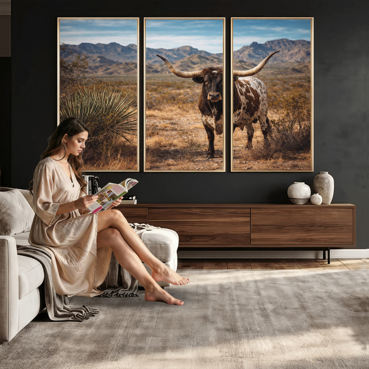 Texas Longhorn Bull Wall Art Canvas Print, Western Farmhouse Decor