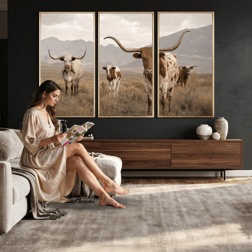 Rustic Texas Longhorn Cow Canvas Wall Art Print, Rustic Farm Animal
