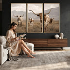 Rustic Texas Longhorn Cow Canvas Wall Art Print, Rustic Farm Animal