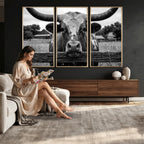 Black White Texas Longhorn Bull Canvas Wall Art, Western Ranch Cattle