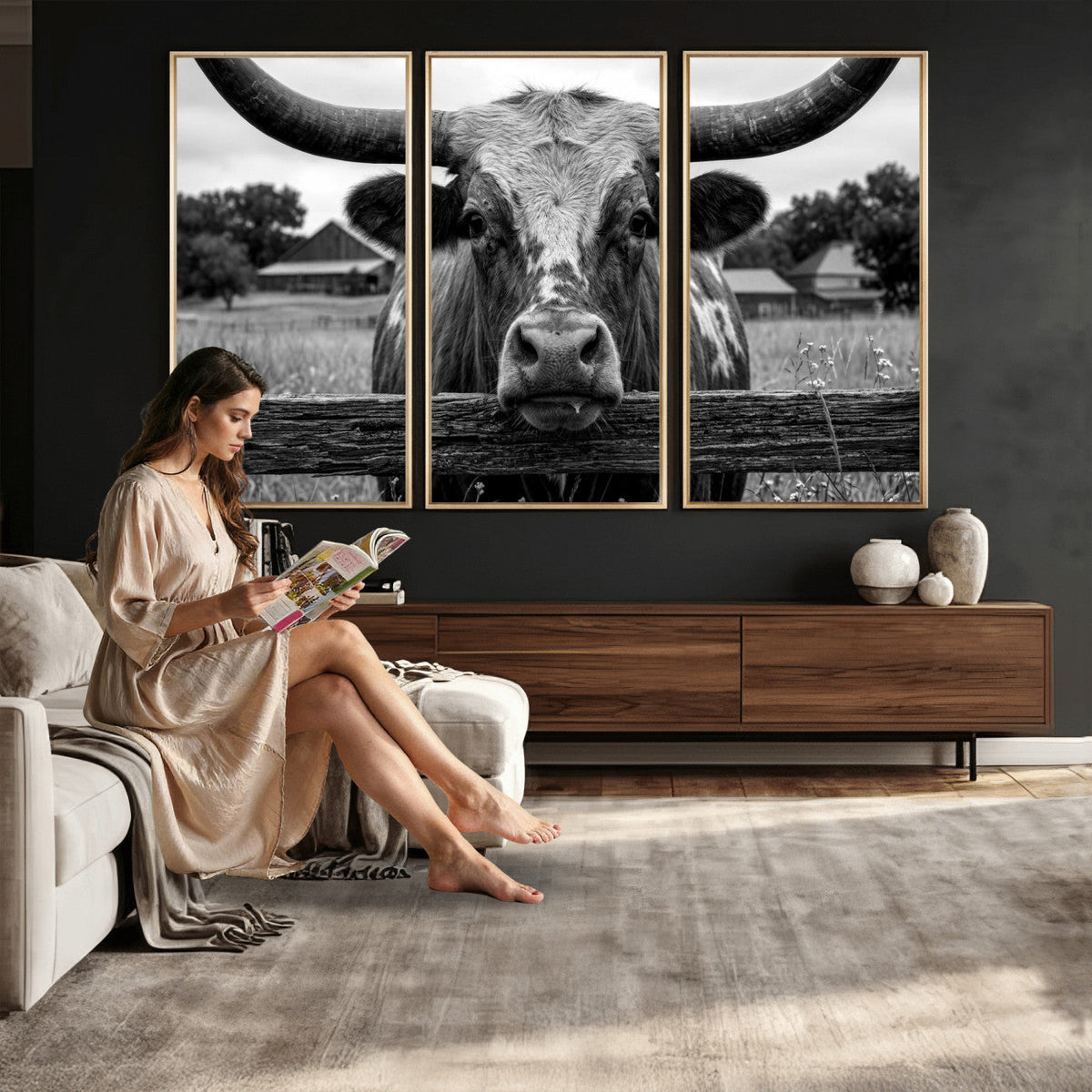 Black White Texas Longhorn Bull Canvas Wall Art, Western Ranch Cattle