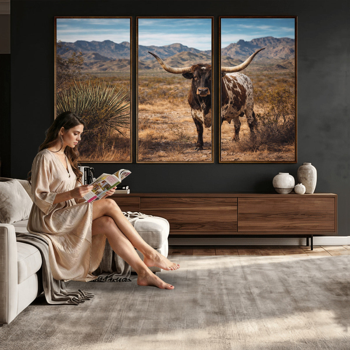 Texas Longhorn Bull Wall Art Canvas Print, Western Farmhouse Decor