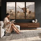 Rustic Texas Longhorn Cow Canvas Wall Art Print, Rustic Farm Animal