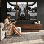 Black White Texas Longhorn Bull Canvas Wall Art, Western Ranch Cattle