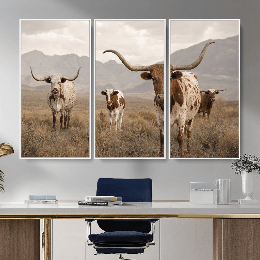 Rustic Texas Longhorn Cow Canvas Wall Art Print, Rustic Farm Animal