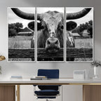 Black White Texas Longhorn Bull Canvas Wall Art, Western Ranch Cattle